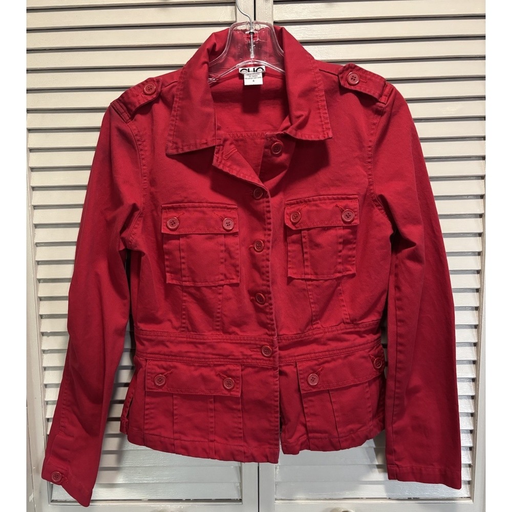 Vintage CLIO Red Button Up Utility Jacket Size 4‎ Pockets Cotton Collar
